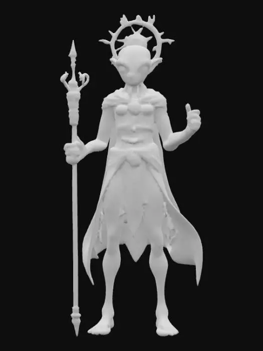 3D model for A beautiful celestial being that is a hybrid of a human and an alien. Highly detailed face, hands and feet. They should have large eyes that shine. Skin should be an unnatural color with a shimmery effect. There should be two arms, two legs, two hands and two feet. They should hold a staff or wear a headpiece that represents something in the solar system. Carries themselves elegantly. Clothing should cover intimate body parts. Clothing should be a different color than the skin. Clothing with ultra high realistic textures.