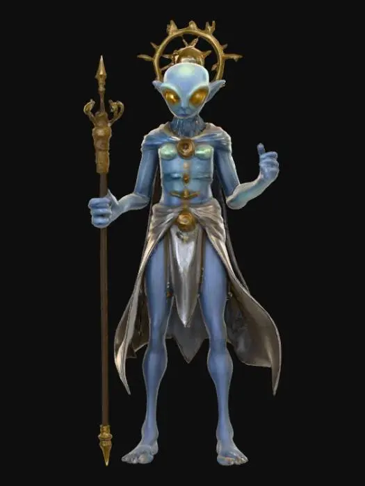 3D model for A beautiful celestial being that is a hybrid of a human and an alien. Highly detailed face, hands and feet. They should have large eyes that shine. Skin should be an unnatural color with a shimmery effect. There should be two arms, two legs, two hands and two feet. They should hold a staff or wear a headpiece that represents something in the solar system. Carries themselves elegantly. Clothing should cover intimate body parts. Clothing should be a different color than the skin. Clothing with ultra high realistic textures.