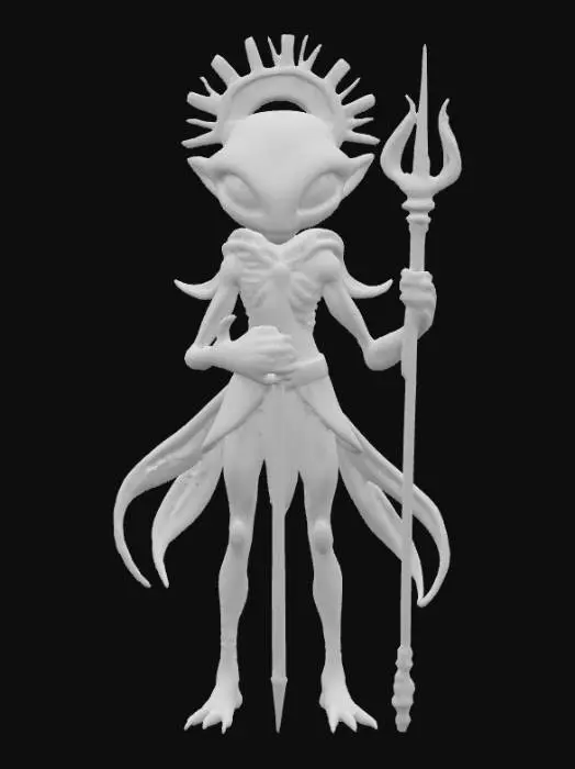 3D model for A beautiful celestial being that is a hybrid of a human and an alien. Highly detailed face, hands and feet. They should have large eyes that shine. Skin should be an unnatural color with a shimmery effect. There should be two arms, two legs, two hands and two feet. They should hold a staff or wear a headpiece that represents something in the solar system. Carries themselves elegantly. Clothing should cover intimate body parts. Clothing should be a different color than the skin. Clothing with ultra high realistic textures.