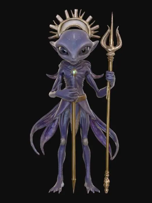 3D model for A beautiful celestial being that is a hybrid of a human and an alien. Highly detailed face, hands and feet. They should have large eyes that shine. Skin should be an unnatural color with a shimmery effect. There should be two arms, two legs, two hands and two feet. They should hold a staff or wear a headpiece that represents something in the solar system. Carries themselves elegantly. Clothing should cover intimate body parts. Clothing should be a different color than the skin. Clothing with ultra high realistic textures.