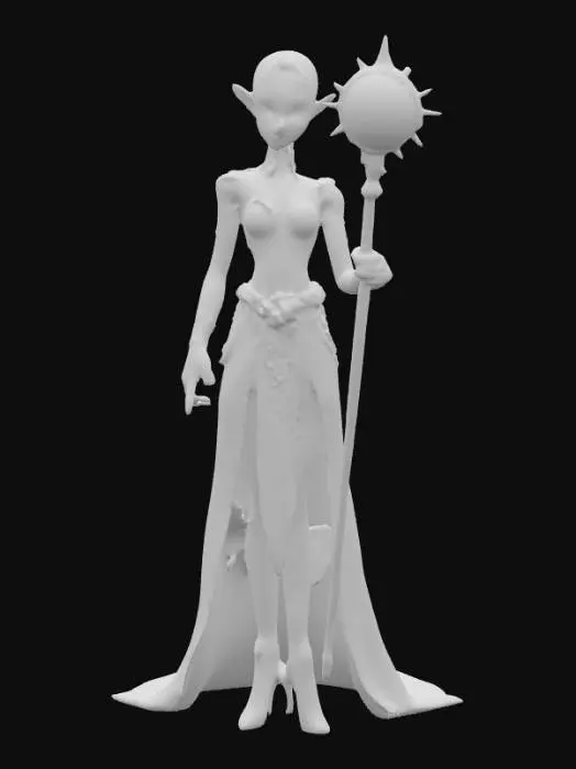 3D model for A beautiful celestial being that is a hybrid of a human and an alien. Highly detailed face, hands and feet. They should have large eyes that shine. Skin should be an unnatural color with a shimmery effect. There should be two arms, two legs, two hands and two feet. They should hold a staff or wear a headpiece that represents something in the solar system. Carries themselves elegantly. Clothing with ultra high realistic textures.