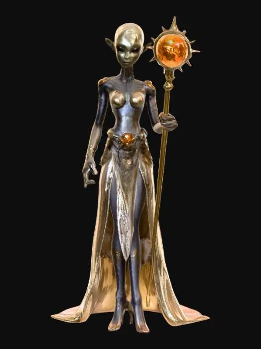 3D model for A beautiful celestial being that is a hybrid of a human and an alien. Highly detailed face, hands and feet. They should have large eyes that shine. Skin should be an unnatural color with a shimmery effect. There should be two arms, two legs, two hands and two feet. They should hold a staff or wear a headpiece that represents something in the solar system. Carries themselves elegantly. Clothing with ultra high realistic textures.