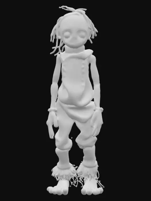 3D model for A highly realistic humanoid voodoo doll. Highly detailed face, hands, feet. Should have two hands with five fingers each. Two feet with five toes each. Clothing should be a burlap style with stitching. Can be male or female and should be a person not a toy. Ultra realistic textures. 