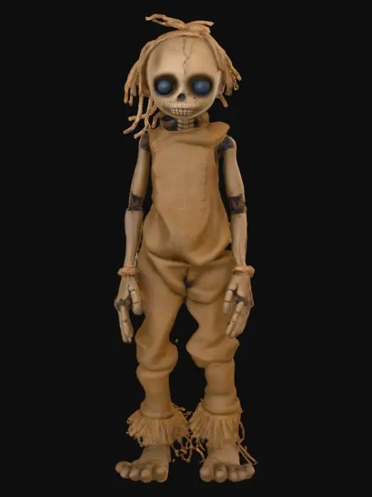 3D model for A highly realistic humanoid voodoo doll. Highly detailed face, hands, feet. Should have two hands with five fingers each. Two feet with five toes each. Clothing should be a burlap style with stitching. Can be male or female and should be a person not a toy. Ultra realistic textures. 