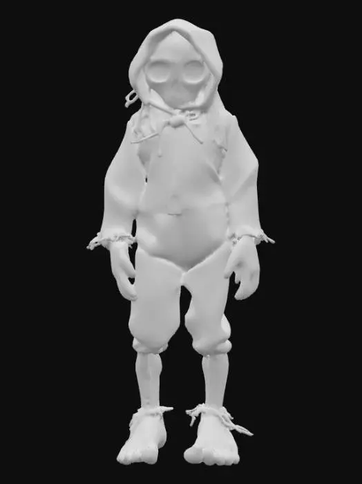 3D model for A highly realistic humanoid voodoo doll. Highly detailed face, hands, feet. Should have two hands with five fingers each. Two feet with five toes each. Clothing should be a burlap style with stitching. Can be male or female and should be a person not a toy. Ultra realistic textures. 