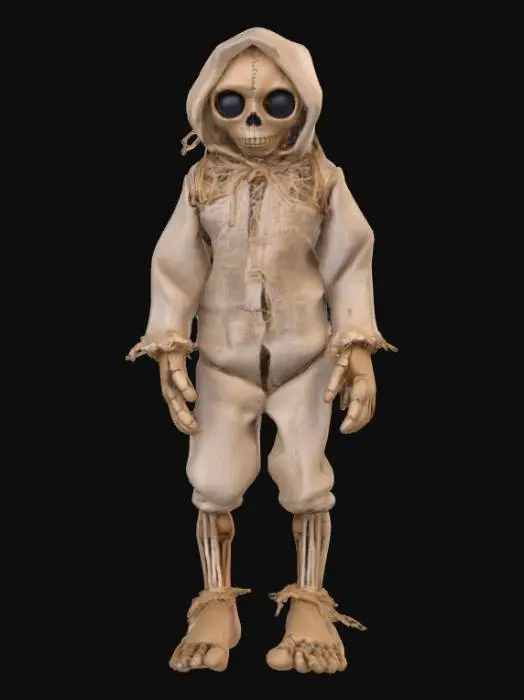 3D model for A highly realistic humanoid voodoo doll. Highly detailed face, hands, feet. Should have two hands with five fingers each. Two feet with five toes each. Clothing should be a burlap style with stitching. Can be male or female and should be a person not a toy. Ultra realistic textures. 
