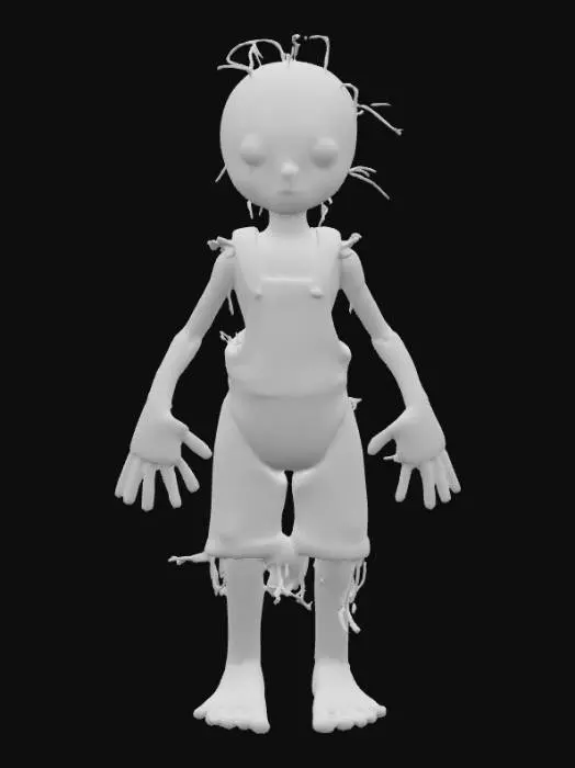 3D model for A highly realistic humanoid voodoo doll. Highly detailed face, hands, feet. Should have two hands with five fingers each. Two feet with five toes each. Clothing should be a burlap style with stitching. Can be male or female and should be a person not a toy. Ultra realistic textures. 
