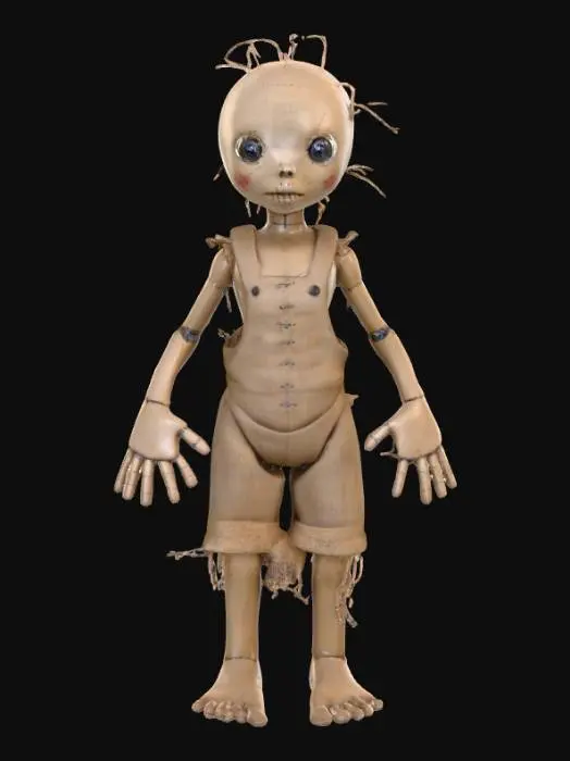 3D model for A highly realistic humanoid voodoo doll. Highly detailed face, hands, feet. Should have two hands with five fingers each. Two feet with five toes each. Clothing should be a burlap style with stitching. Can be male or female and should be a person not a toy. Ultra realistic textures. 