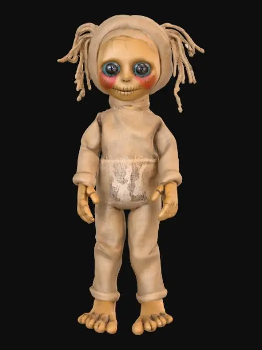 3D model for A highly realistic humanoid voodoo doll. Highly detailed face, hands, feet. Should have two hands with five fingers each. Two feet with five toes each. Clothing should be a burlap style with stitching. Can be male or female. Ultra realistic textures. 