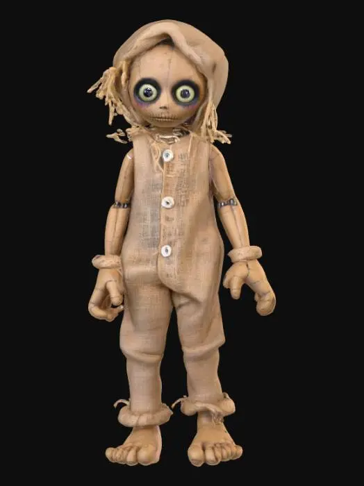 3D model for A highly realistic humanoid voodoo doll. Highly detailed face, hands, feet. Should have two hands with five fingers each. Two feet with five toes each. Clothing should be a burlap style with stitching. Can be male or female and should be a person not a toy. Ultra realistic textures. 