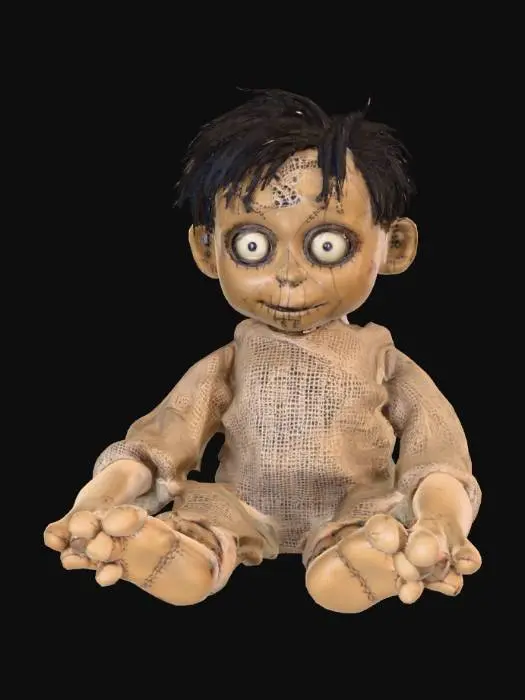 3D model for A highly realistic humanoid voodoo doll. Highly detailed face, hands, feet. Should have two hands with five fingers each. Two feet with five toes each. Clothing should be a burlap style with stitching. Can be male or female. Ultra realistic textures. 