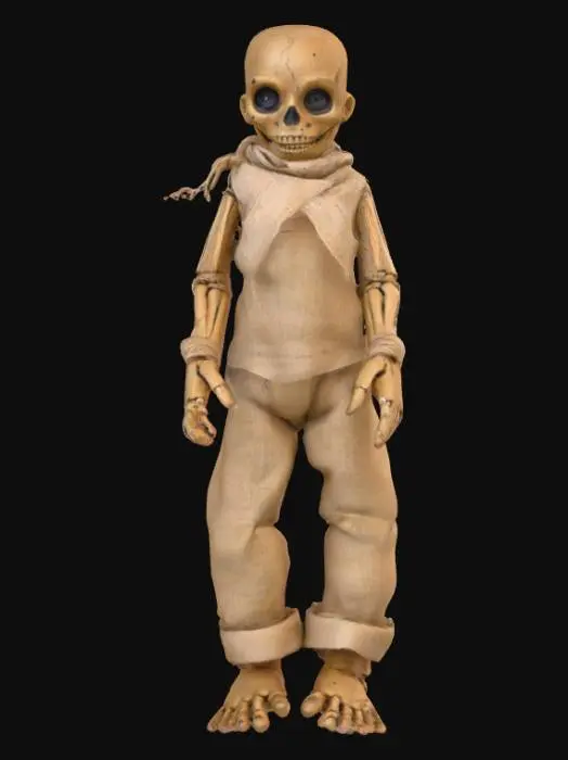 3D model for A highly realistic humanoid voodoo doll. Highly detailed face, hands, feet. Should have two hands with five fingers each. Two feet with five toes each. Clothing should be a burlap style with stitching. Can be male or female. Ultra realistic textures. 