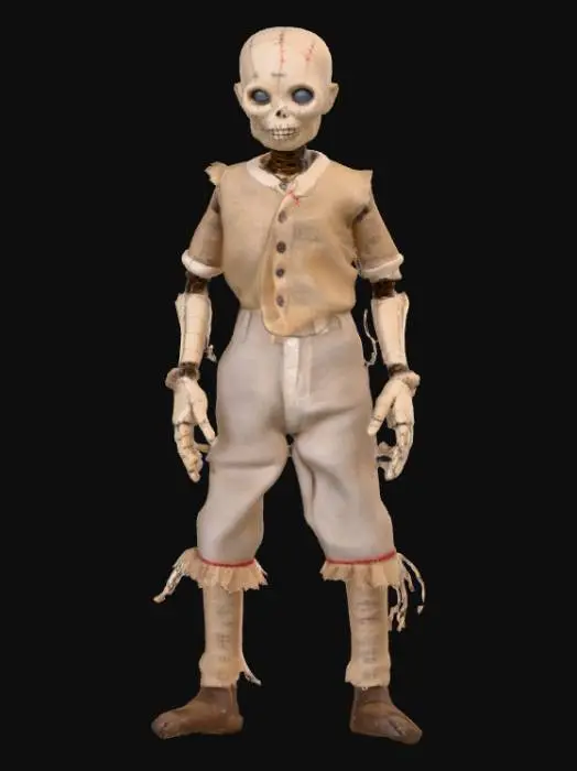 3D model for A highly realistic human voodoo doll. Highly detailed face, hands, feet. Should have two hands with five fingers each. Two feet with five toes each. Clothing should be a burlap style with stitching. Can be male or female. Ultra realistic textures. 