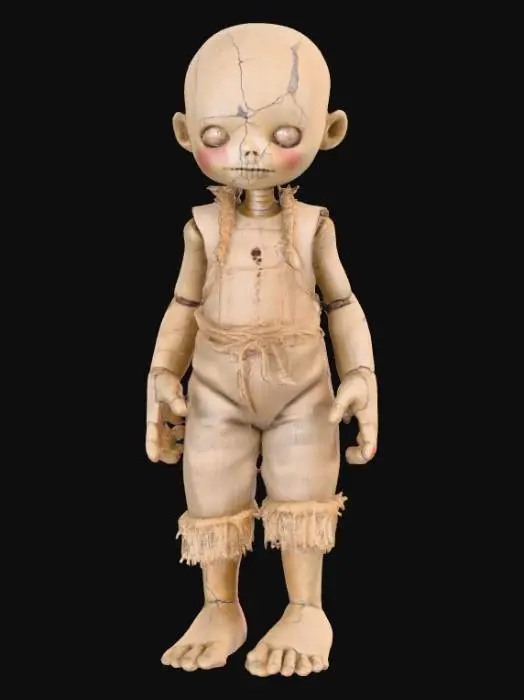 3D model for A highly realistic human voodoo doll. Highly detailed face, hands, feet. Should have two hands with five fingers each. Two feet with five toes each. Clothing should be a burlap style with stitching. Can be male or female. Ultra realistic textures. 