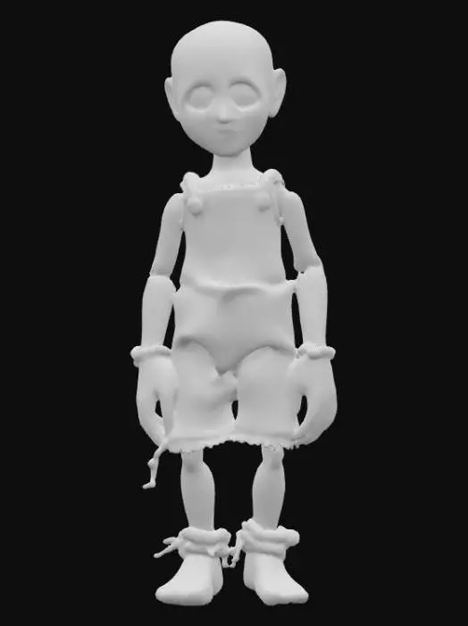 3D model for A highly realistic human voodoo doll. Highly detailed face, hands, feet. Should have two hands with five fingers each. Two feet with five toes each. Clothing should be a burlap style with stitching. Can be male or female. Ultra realistic textures. 