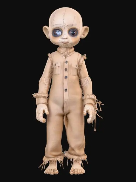 3D model for A highly realistic human voodoo doll. Highly detailed face, hands, feet. Should have two hands with five fingers each. Two feet with five toes each. Clothing should be a burlap style with stitching. Can be male or female. Ultra realistic textures. 