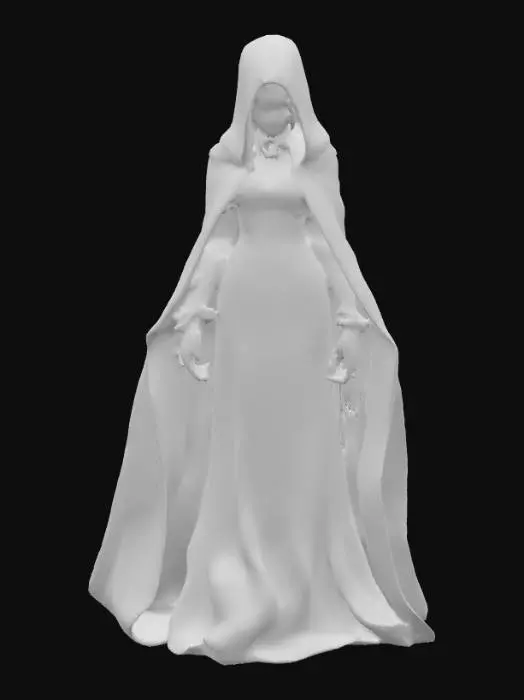 3D model for Ultra realistic beautiful otherworldly haunted figure. In a state of sadness or despair. Clothing in rich hues with some shimmer to them. Ultra realistic textures on clothing. 