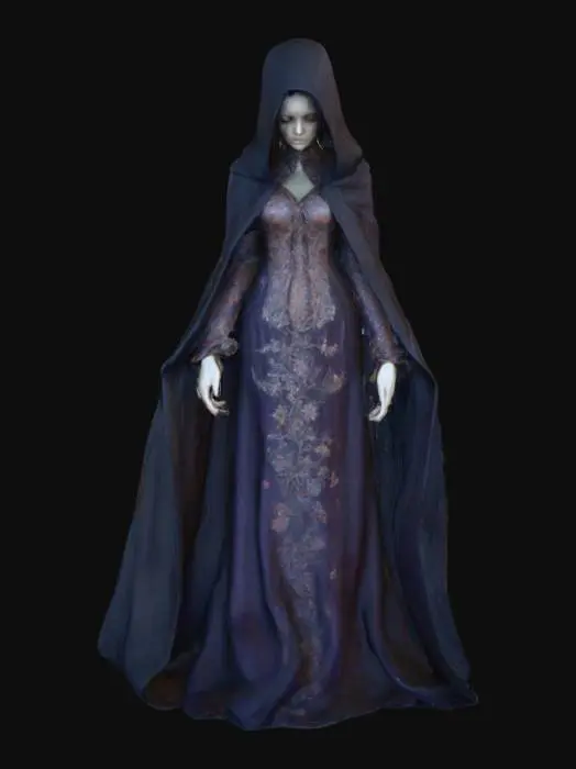 3D model for Ultra realistic beautiful otherworldly haunted figure. In a state of sadness or despair. Clothing in rich hues with some shimmer to them. Ultra realistic textures on clothing. 