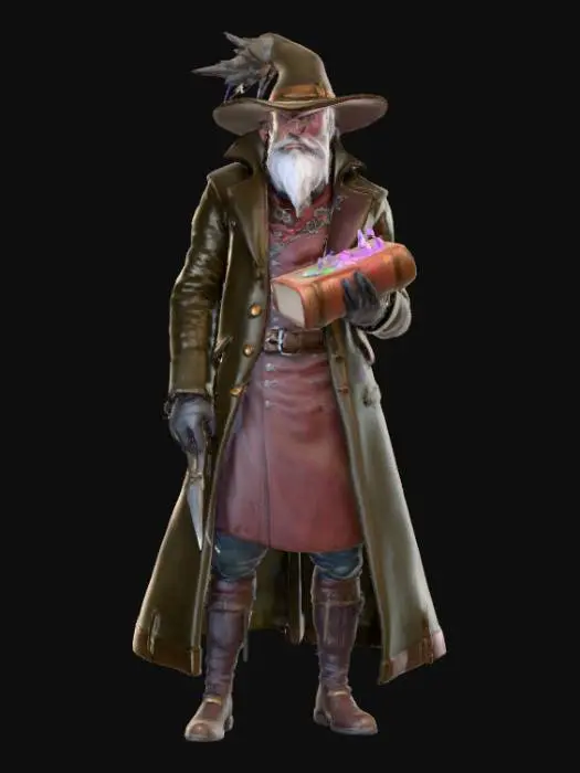 3D model for Ultra realistic alchemist character that would fit well into a fantasy world. Should have a satchel with potions. Potions should have a neon glow to them. Should have a dagger on one leg. Can be carrying a book. Ultra high realistic textures on clothing. 