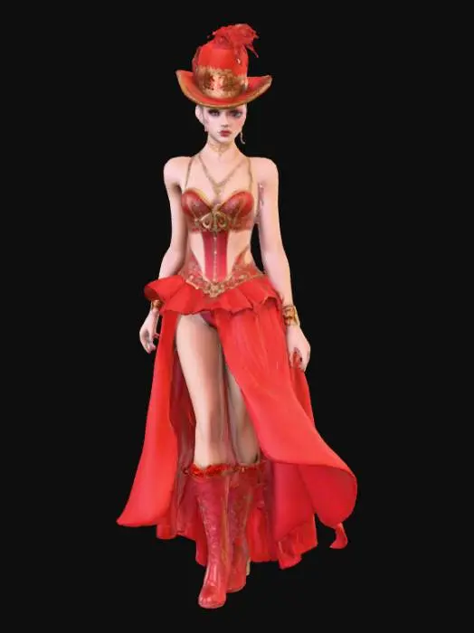 3D model for Ultra realistic circus side show character. Should have high details. Should wear clothes in rich color hues. Some sparkle in the clothing. Ultra high realistic textures on clothing. 