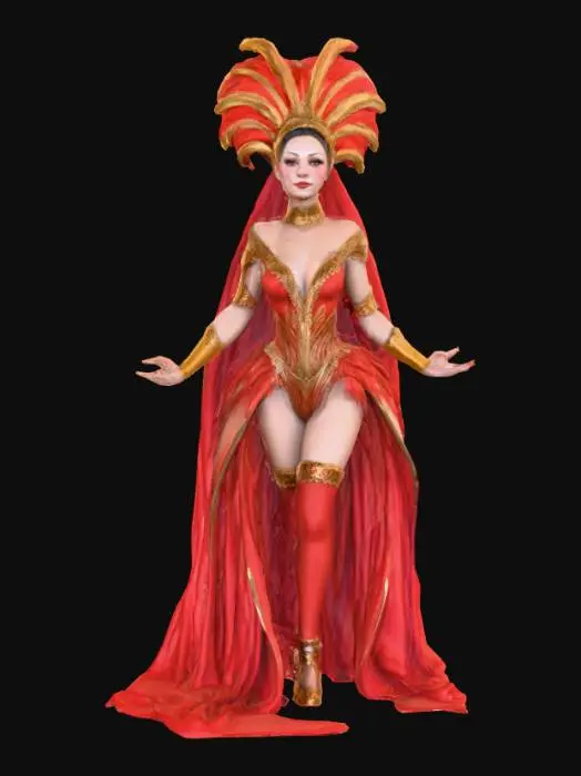 3D model for Ultra realistic circus side show character. Should have high details. Should wear clothes in rich color hues. Some sparkle in the clothing. Ultra high realistic textures on clothing. 