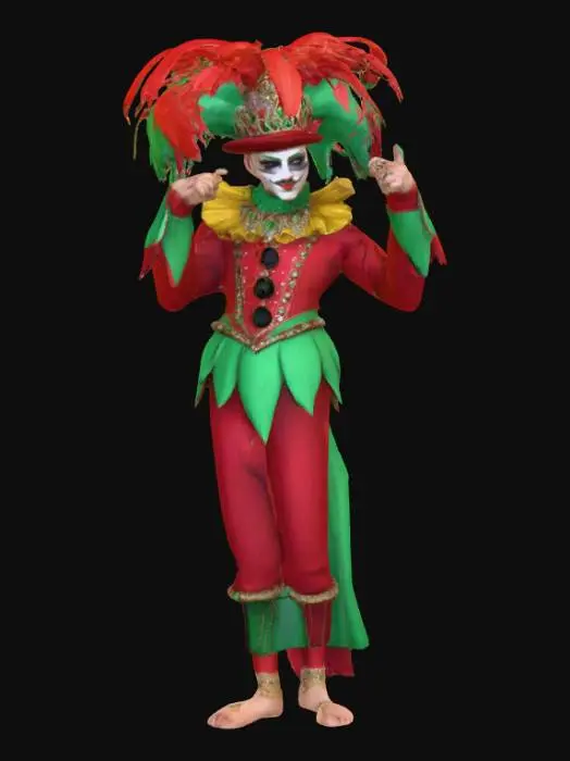 3D model for Ultra realistic circus side show character. Should have high details. Should wear clothes in rich color hues. Some sparkle in the clothing. Ultra high realistic textures on clothing. 