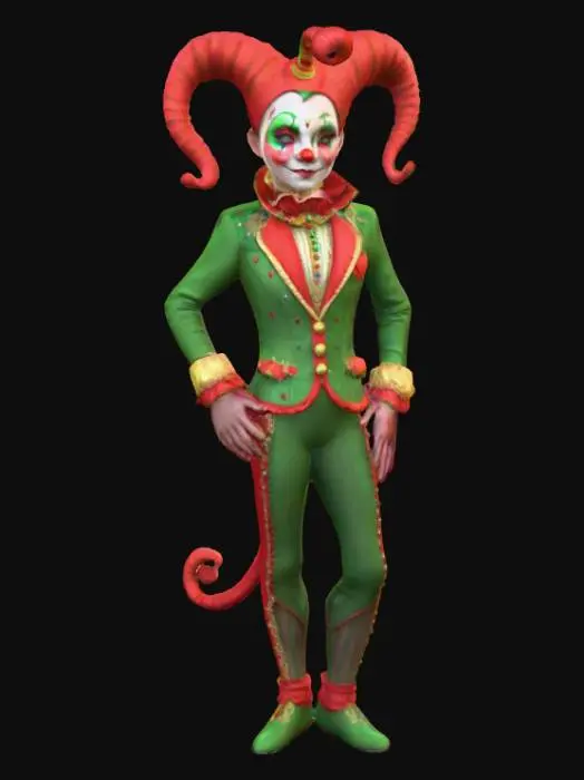 3D model for Ultra realistic circus side show character. Should have high details. Should wear clothes in rich color hues. Some sparkle in the clothing. Ultra high realistic textures on clothing. 