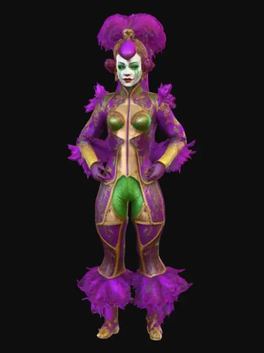 3D model for Ultra realistic circus freak show character. Should have high details. Should wear clothes in rich color hues. Some sparkle in the clothing. Ultra high realistic textures on clothing.