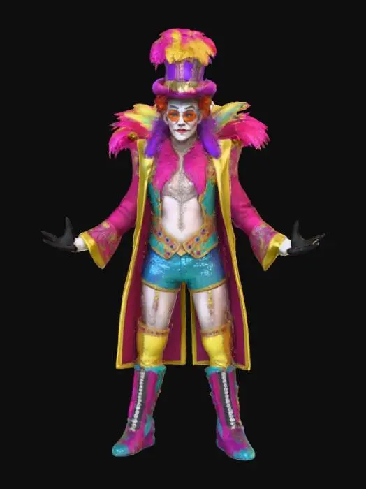3D model for Ultra realistic circus freak show character. Should have high details. Should wear clothes in rich color hues. Some sparkle in the clothing. Ultra high realistic textures on clothing.