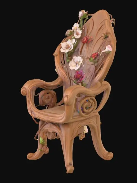 3D model for #PBR#, High quality realistic elf fantasy furniture made of wood. Should have flowers entwined. High detail. Solid infill. High quality realistic textures. 