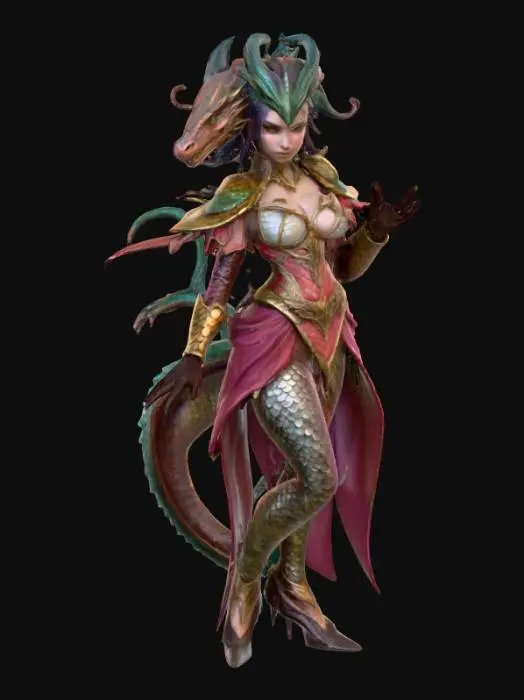 3D model for Ultra realistic Lamia. Highly detailed face and hands. Body parts should have a type of clothing. Shiny ultra realistic scales. Ultra high quality textures. 
