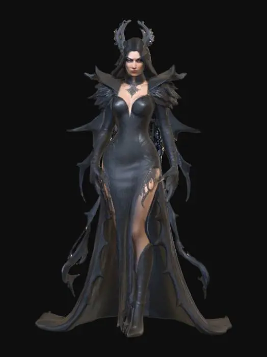 3D model for #villain#, Highly realistic female villainous character. Highly detailed face, hands. Ultra realistic clothing textures. Solid infill.