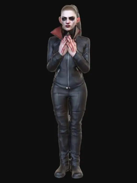 3D model for #villain#, Highly realistic female villainous character. Highly detailed face, hands. Ultra realistic clothing textures. Solid infill.