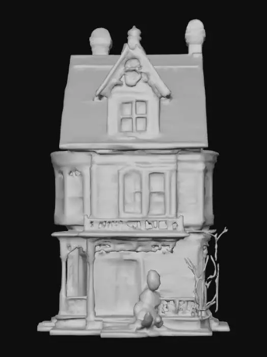 3D model for Ultra realistic haunted Victorian dollhouse. Eerie glow should come from  at least one window. Creepy doll next to the house. Ultra high quality realistic textures. Solid infill. 