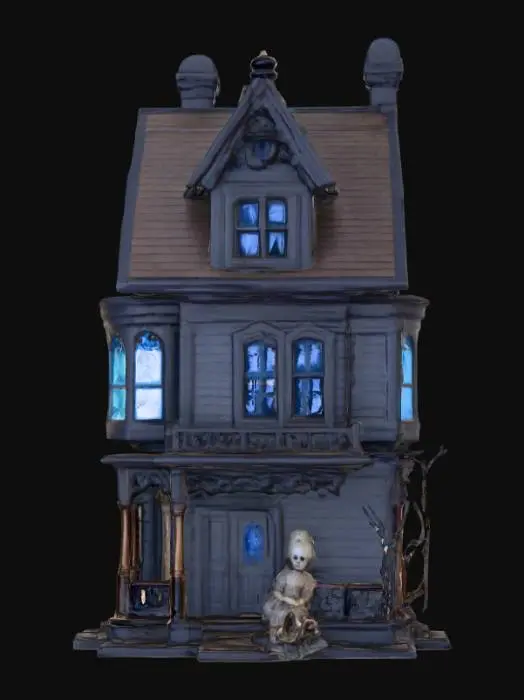 3D model for Ultra realistic haunted Victorian dollhouse. Eerie glow should come from  at least one window. Creepy doll next to the house. Ultra high quality realistic textures. Solid infill. 