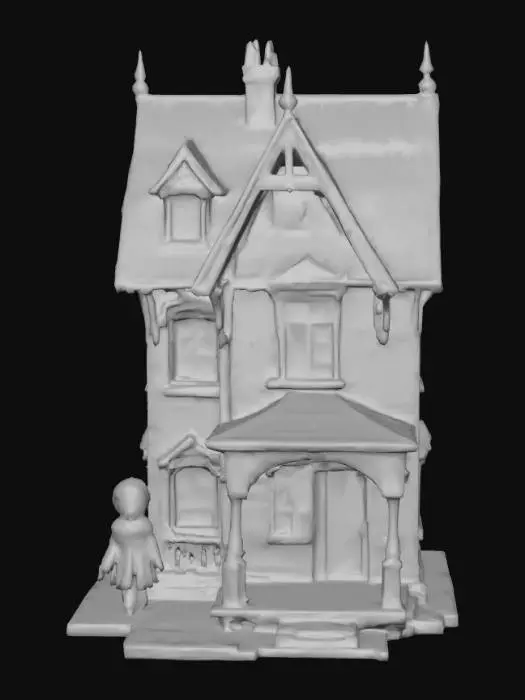 3D model for Ultra realistic haunted Victorian dollhouse. Eerie glow should come from  at least one window. Creepy doll next to the house. Ultra high quality realistic textures. Solid infill. 