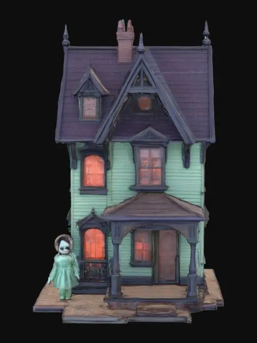 3D model for Ultra realistic haunted Victorian dollhouse. Eerie glow should come from  at least one window. Creepy doll next to the house. Ultra high quality realistic textures. Solid infill. 
