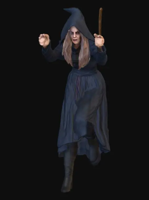 3D model for #Halloween2025#, A witch or sorceress that is afraid of something they have conjured. Should be extremely detailed with a scared look on the face. Photo realistic. Ultra high quality realistic clothing textures.