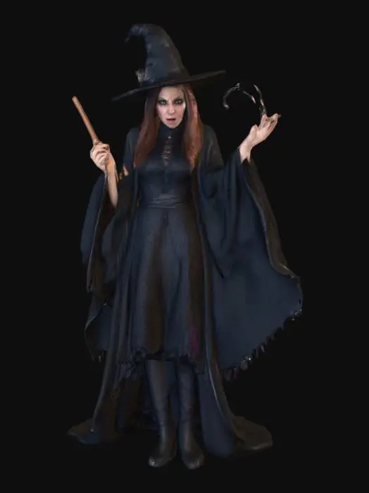 3D model for #Halloween2025#, A witch or sorceress that is afraid of something they have conjured. Should be extremely detailed with a scared look on the face. Photo realistic. Ultra high quality realistic clothing textures.