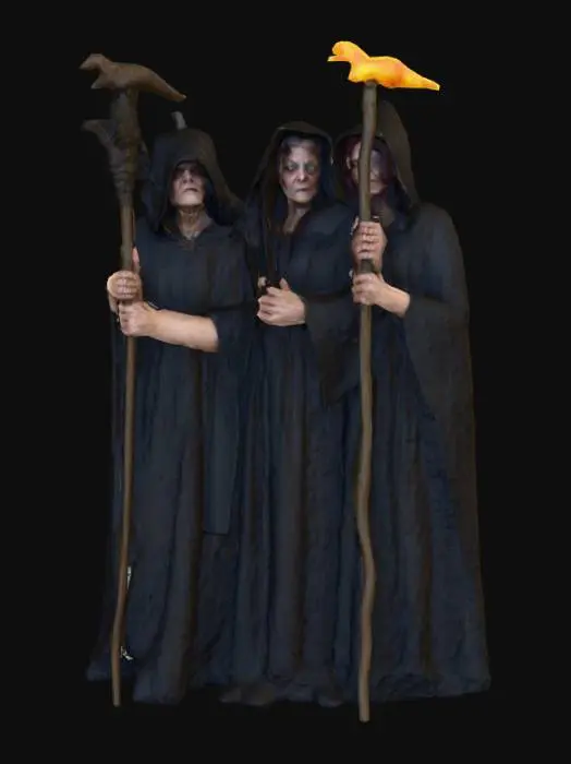 3D model for #Halloween2025#, Ultra detailed realistic depiction of the three witches from Macbeth. Ultra high quality textures. Solid infill.