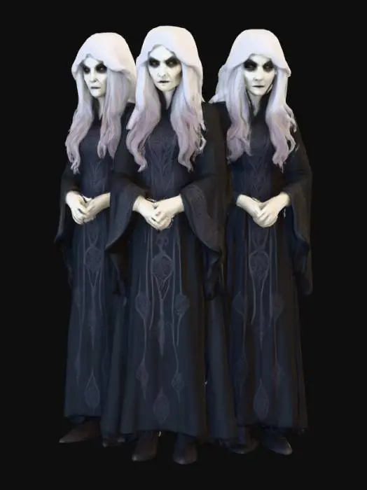 3D model for #Halloween2025#, Ultra detailed realistic depiction of the three witches from Macbeth. Ultra high quality textures. Solid infill.