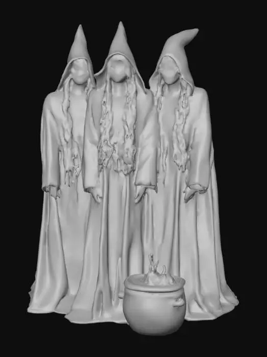 3D model for #Halloween2025#, Ultra detailed realistic depiction of the three witches from Macbeth. Ultra high quality textures. Solid infill.