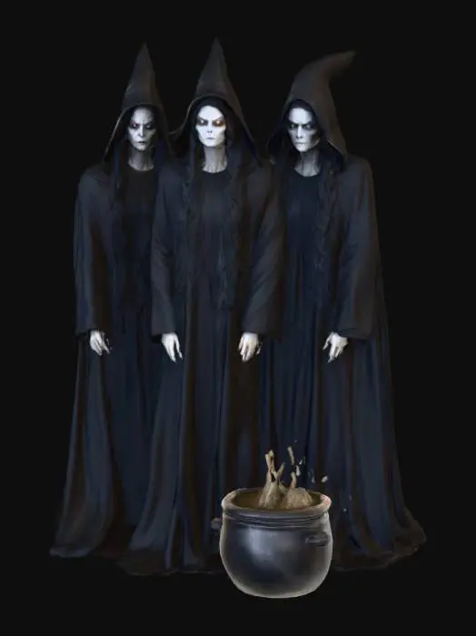 3D model for #Halloween2025#, Ultra detailed realistic depiction of the three witches from Macbeth. Ultra high quality textures. Solid infill.