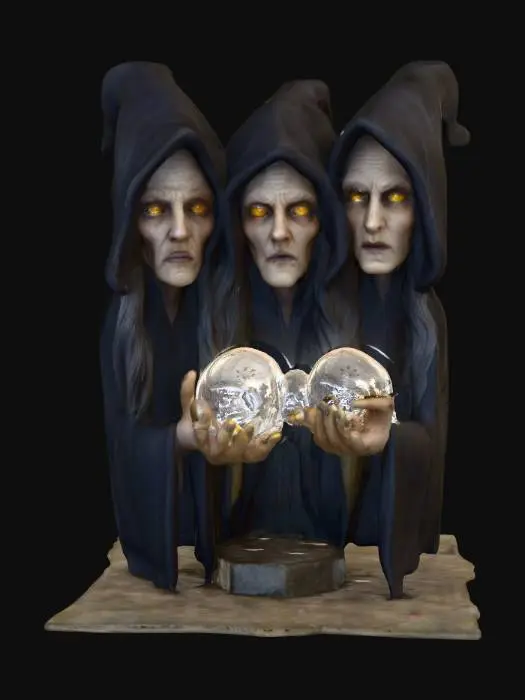 3D model for #Halloween2025#, Ultra detailed realistic depiction of the three witches from Macbeth. Ultra high quality textures. Solid infill.