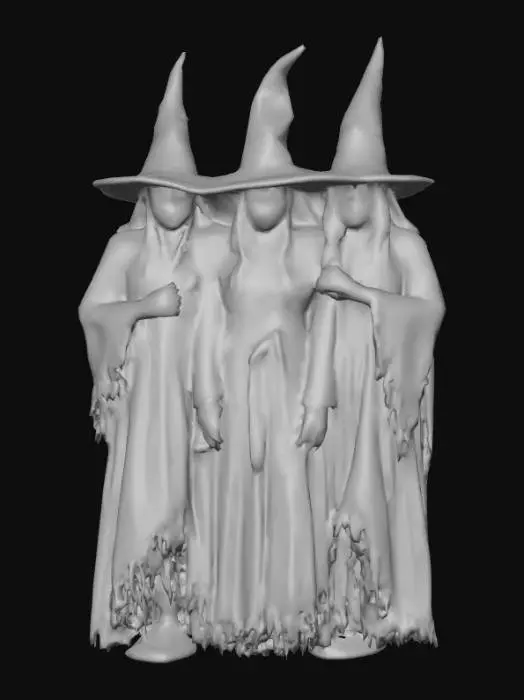 3D model for #Halloween2025#, Ultra detailed realistic depiction of the three witches from Macbeth. Ultra high quality textures. Solid infill.