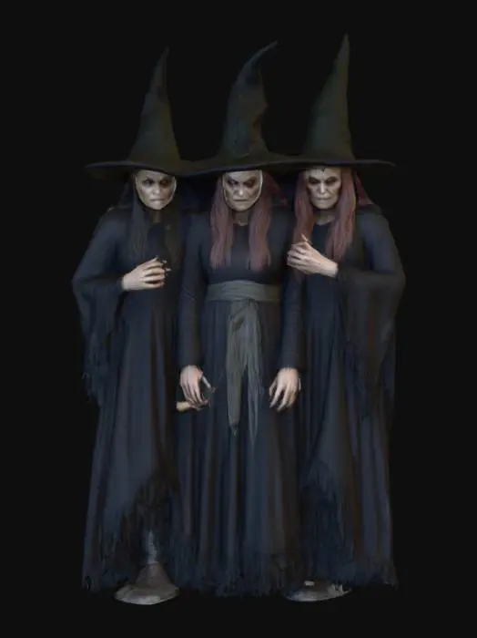 3D model for #Halloween2025#, Ultra detailed realistic depiction of the three witches from Macbeth. Ultra high quality textures. Solid infill.