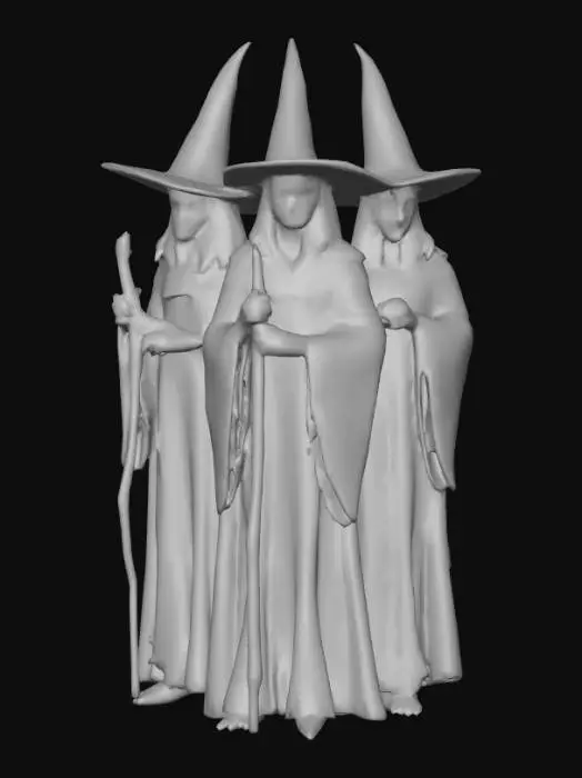 3D model for #Halloween2025#, Ultra detailed realistic depiction of the three witches from Macbeth. Ultra high quality textures. Solid infill.