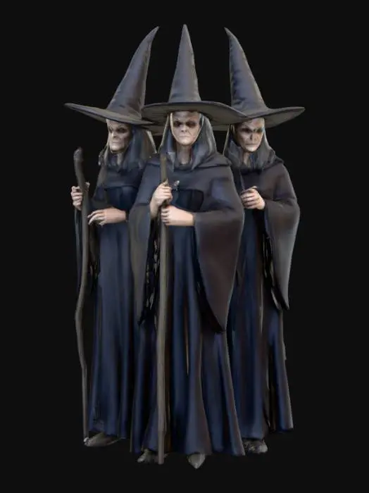 3D model for #Halloween2025#, Ultra detailed realistic depiction of the three witches from Macbeth. Ultra high quality textures. Solid infill.