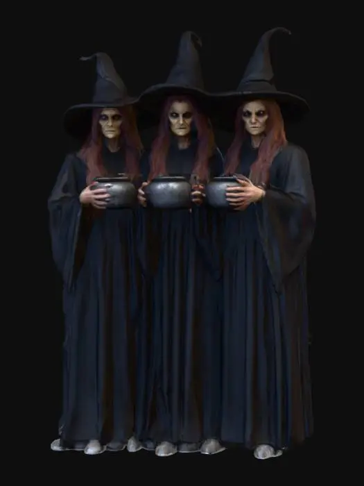 3D model for #Halloween2025#, Ultra detailed realistic depiction of the three witches from Macbeth. Ultra high quality textures. Solid infill.