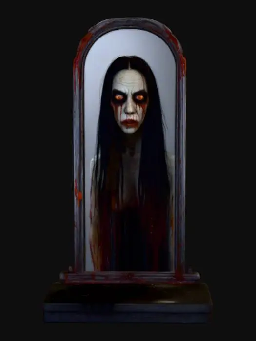 3D model for #Halloween2025#, Ultra detailed realistic depiction of Bloody Mary in the mirror. Ultra high quality textures. Solid infill.